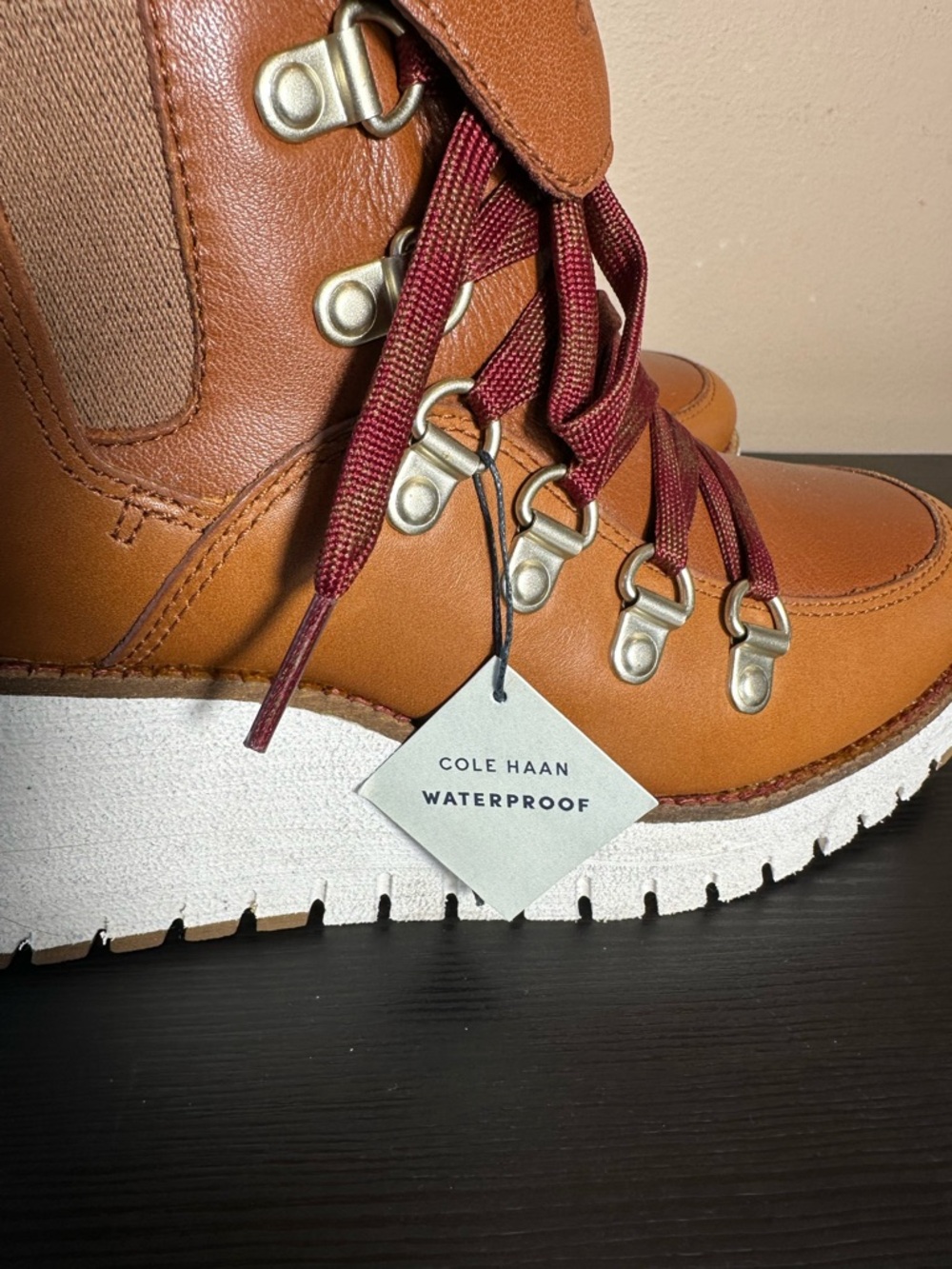 Cole Haan Cognac Leather Wedge Hiker Boots with Burgundy Laces Women’s US 5.5 - Picture 5 of 9